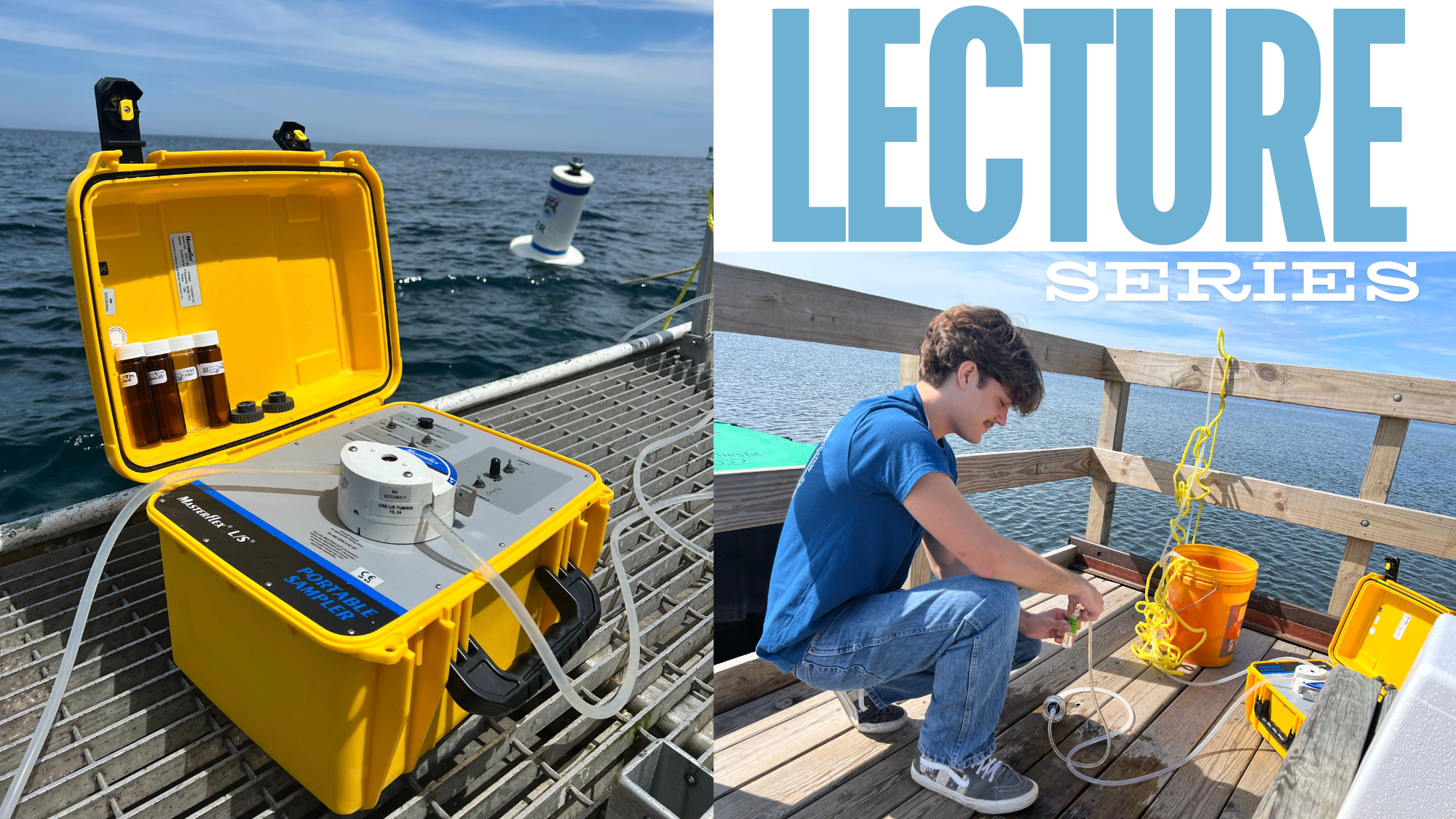 A photo of a water sampling device and man taking a water sample