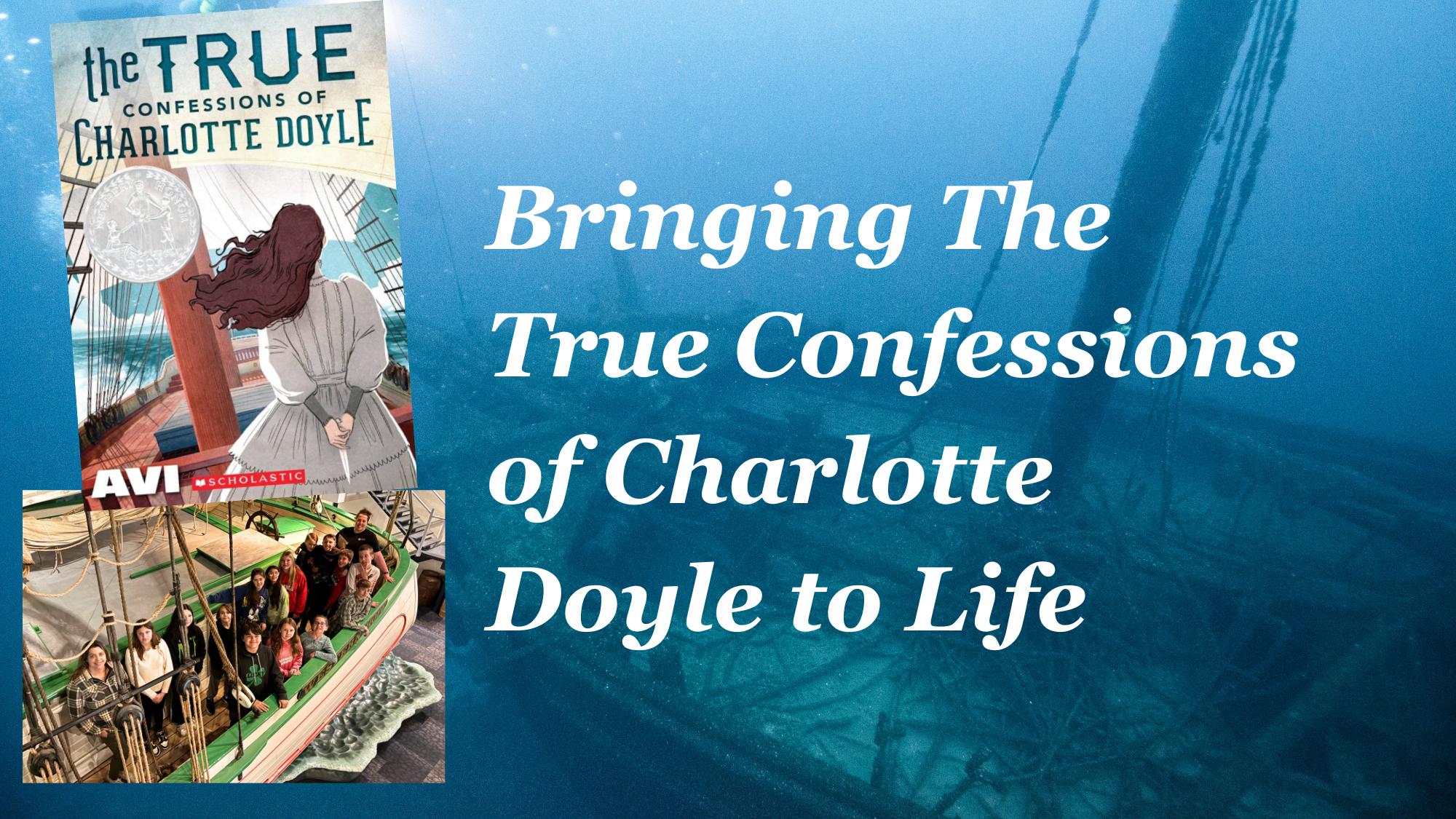 A photo of a shipwreck with a picture of a book cover and class photo on it.